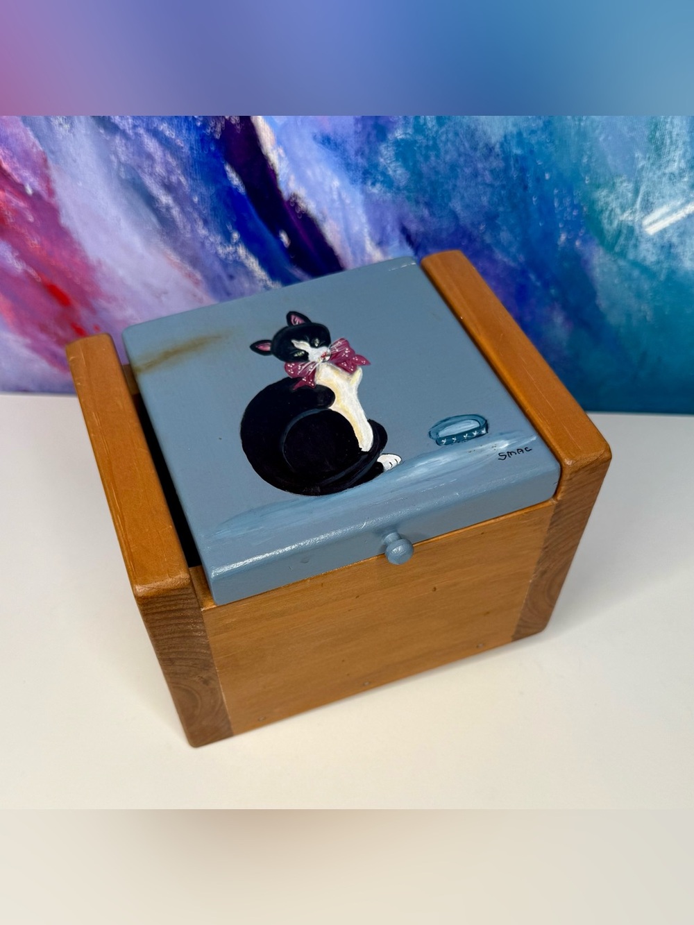 Tuxedo Cat Recipe Box Hand Made Painted Wood Folk Art Artist Signed SMAC